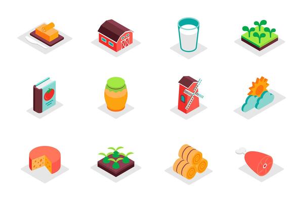 Farming concept 3d isometric icons set. Pack isometry elements of butter, barn, milk, plant, jam, mill, cheese, seedling, vegetable garden, hay and other. illustration for modern web design