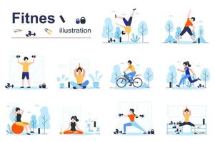 Fitness concept scenes seo with tiny people in flat design. Men and women doing yoga asanas, bodybuilding, cycling, running, exercising in gym. illustration visual stories collection for web vector