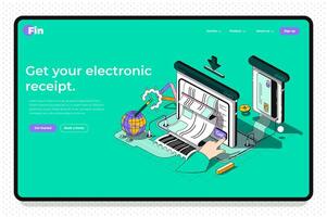 Electronic receipt concept 3d isometric outline landing page. Banking services, invoice pay using credit card, financial transactions. web illustration with abstract line composition. vector