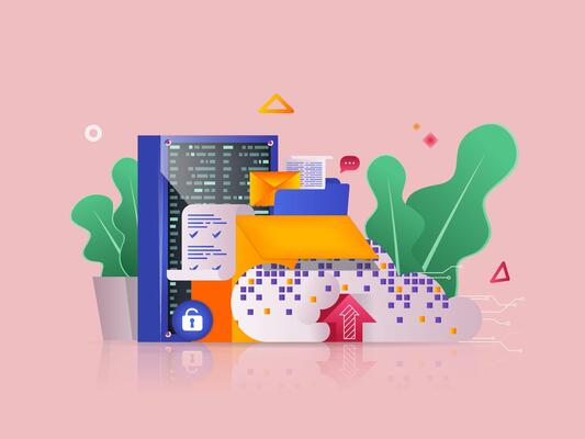 Cloud storage concept 3D illustration. Icon composition with uploading and transferring files, server rack for data storage at database, hosting provider. illustration for modern web design