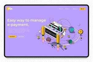 E-payment concept 3d isometric outline landing page. Banking services for purchases paying with credit card using apps, online transfer. web illustration with abstract line composition. vector