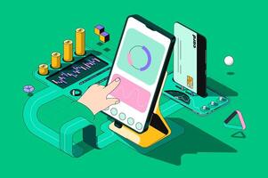Finance concept 3d isometric outline web design. Banking services, accounting, financial transactions, investments and savings in app. web illustration with abstract line people composition vector