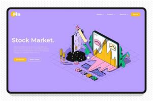 Stock market concept 3d isometric outline landing page. Trading on stock exchange, analysis of financial statistics, investment strategy. web illustration with abstract line composition. vector