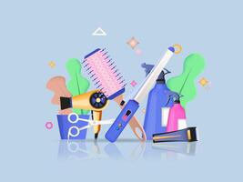 Beauty tools concept 3D illustration. Icon composition with blackboard with curling iron, comb, hair dryer, spray bottle with cosmetics and electric shaver. illustration for modern web design vector