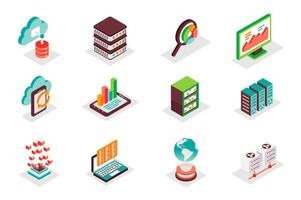 Big data concept 3d isometric icons set. Pack isometry elements of cloud computing, storage, server, database, datacenter, analysis, statistics and other. illustration for modern web design vector