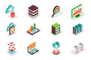 grande datos concepto 3d isométrica íconos colocar. paquete isometria elementos de nube informática, almacenamiento, servidor, base de datos, centro de datos, análisis, Estadísticas y otro. ilustración para moderno web diseño vector