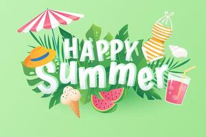 Happy summer background in flat cartoon design. Wallpaper with text and composition of umbrella, hat, ice cream, watermelon, swimsuit, green leaves. illustration for poster or banner template vector