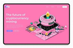 criptomoneda concepto 3d isométrica contorno aterrizaje página. blockchain tecnología, minería bitcoins y cripto dinero en resumen minería granja. web ilustración con resumen línea composición. vector