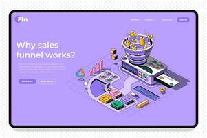 Sale funnel concept 3d isometric outline landing page. Internet marketing tools for generation leads and sales and customer attracting. web illustration with abstract line composition. vector