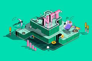 NFT concept 3d isometric outline web design. Selling digital art works and digital content on NFT marketplace, cryptocurrency investments. web illustration with abstract line people composition vector