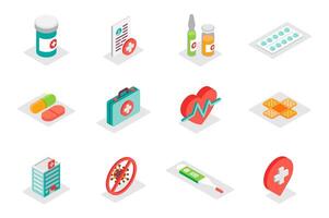 Medical concept 3d isometric icons set. Pack isometry elements of treatment, appointment, pills, first aid kit, heart, patch, clinic, virus, cross and other. illustration for modern web design vector