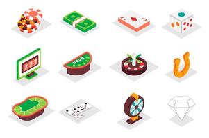 Casino concept 3d isometric icons set. Pack isometry elements of chips, money, cards, dice, roulette, luck, jackpot, poker table, domino, diamond and other. illustration for modern web design vector