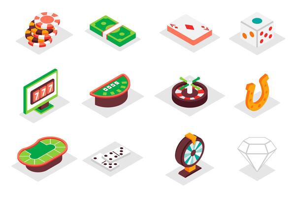 Casino concept 3d isometric icons set. Pack isometry elements of chips, money, cards, dice, roulette, luck, jackpot, poker table, domino, diamond and other. illustration for modern web design