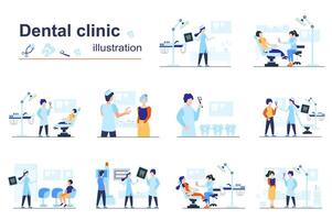 dental clínica concepto escenas seo con minúsculo personas en plano diseño. hombres y mujer visitando dentista oficina para diente tratamiento, higiene procedimiento. ilustración visual cuentos colección para web vector