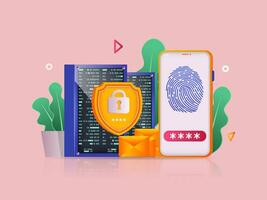 Cyber security concept 3D illustration. Icon composition with smartphone with fingerprint scanning and password screen, shield protects data from hacking. illustration for modern web design vector