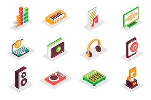 Music concept 3d isometric icons set. Pack isometry elements of equalizer, piano, song, volume, audio, , headphones, musical speaker, mixer and other. illustration for modern web design vector