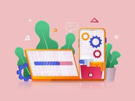 Programming software concept 3D illustration. Icon composition with coding and testing code on laptop or smartphone screens, creating and optimizing software. illustration for modern web design vector