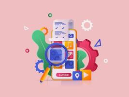 App development concept 3D illustration. Icon composition with smartphone with user interface, mobile programs signs o screen, software analysis and testing. illustration for modern web design vector