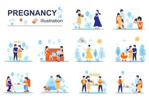 Pregnancy concept scenes seo with tiny people in flat design. Mom and dad expecting kid, celebrating baby shower party, child birthday celebrate. illustration visual stories collection for web vector