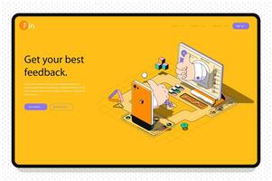Feedback concept 3d isometric outline landing page. Clients leave high rating, likes. Users comments with good experience, positive quality. web illustration with abstract line composition. vector