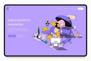 Newsletter concept 3d isometric outline landing page. Online communication, email services, promo mailings, correspondence, notifications. web illustration with abstract line composition. vector