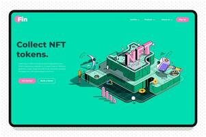 NFT concept 3d isometric outline landing page. Selling digital art works and digital content on NFT marketplace, cryptocurrency investments. web illustration with abstract line composition. vector