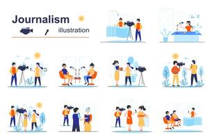 Journalism concept scenes seo with tiny people in flat design. Men and women work on television, recording TV shows, breaking news and news media. illustration visual stories collection for web vector