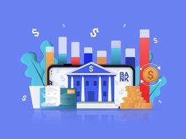 Mobile banking concept 3D illustration. Icon composition with bank services in mobile app, account and credit card management, payment and money transfers. illustration for modern web design vector