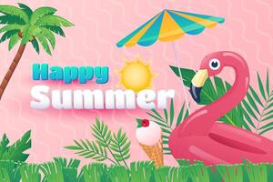 Happy summer background in flat cartoon design. Wallpaper with text and composition of umbrella, flamingo rubber ring, ice cream and frame of leaves. illustration for poster or banner template vector