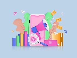 Digital marketing concept 3D illustration. Icon composition with megaphone making ad campaign, customer attracting in social networks, market data analysis. illustration for modern web design vector