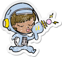 distressed sticker of a cartoon pretty astronaut girl with ray gun png