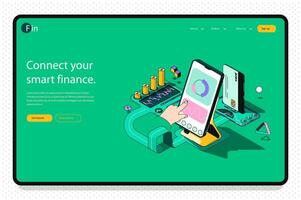 Finance concept 3d isometric outline landing page. Banking services, accounting, financial transactions, investments and savings in app. web illustration with abstract line composition. vector