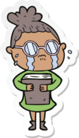 sticker of a cartoon crying woman wearing spectacles png