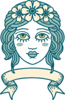 tatouage traditionnel avec bannière de visage féminin avec couronne de fleurs png