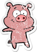 distressed sticker of a happy cartoon pig png