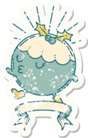 worn old sticker of a tattoo style christmas pudding character walking png