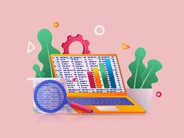 Big data analysis concept 3D illustration. Icon composition with laptop with statistics on screen, magnifier for study of graphs and charts information. illustration for modern web design vector