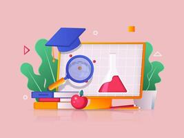 Online education concept 3D illustration. Icon composition with watching lectures on computer screen, reading books, completing educational courses. illustration for modern web design vector