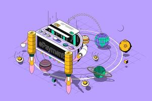 E-payment concept 3d isometric outline web design. Banking services for purchases paying with credit card using apps, online transfer. web illustration with abstract line people composition vector
