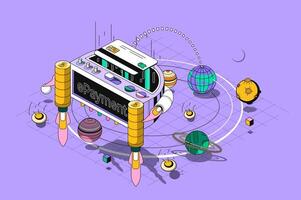 E-payment concept 3d isometric outline web design. Banking services for purchases paying with credit card using apps, online transfer. web illustration with abstract line people composition vector