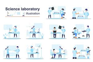 Science laboratory concept scenes seo with tiny people in flat design. Men and women work on lab equipment, do tests and scientific discoveries. illustration visual stories collection for web vector