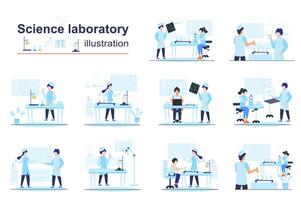 Ciencias laboratorio concepto escenas seo con minúsculo personas en plano diseño. hombres y mujer trabajo en laboratorio equipo, hacer pruebas y científico descubrimientos ilustración visual cuentos colección para web vector