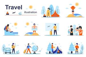 Travel concept scenes seo with tiny people in flat design. Men and women camping, sunbathing on beach, hiking, swim, traveling by car or plane. illustration visual stories collection for web vector