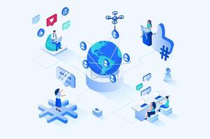 Social network 3d isometric web design. People communicate online with community of friends, view virtual content, like and comment on posts, browsing and online chatting. web illustration vector