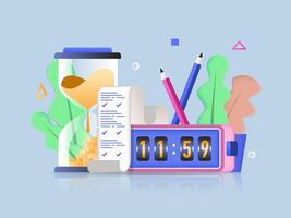 Time management concept 3D illustration. Icon composition with clock with countdown, hourglass and to-do list on paper, effective organization of workflow. illustration for modern web design vector
