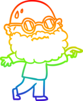 rainbow gradient line drawing of a cartoon worried man with beard and spectacles pointing finger png