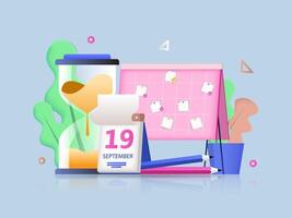 Planning concept 3D illustration. Icon composition with clipboard with stickers, calendar, hourglass for workflow organization and successful time management. illustration for modern web design vector