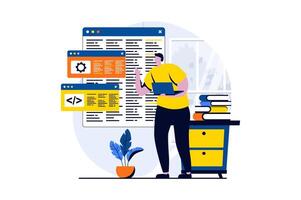 Software development concept with people scene in flat cartoon design. Man developer working with programming language, coding at screens engineering programs. illustration visual story for web vector