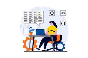 Web development concept with people scene in flat cartoon design. Woman designer creates layouts at laptop, programming and testing code, working in office. illustration visual story for web vector