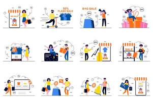 Discount store concept with tiny people scenes set in flat design. Bundle of men and women with shopping bags makes purchases, bis sales, online ordering and payment. illustration for web vector